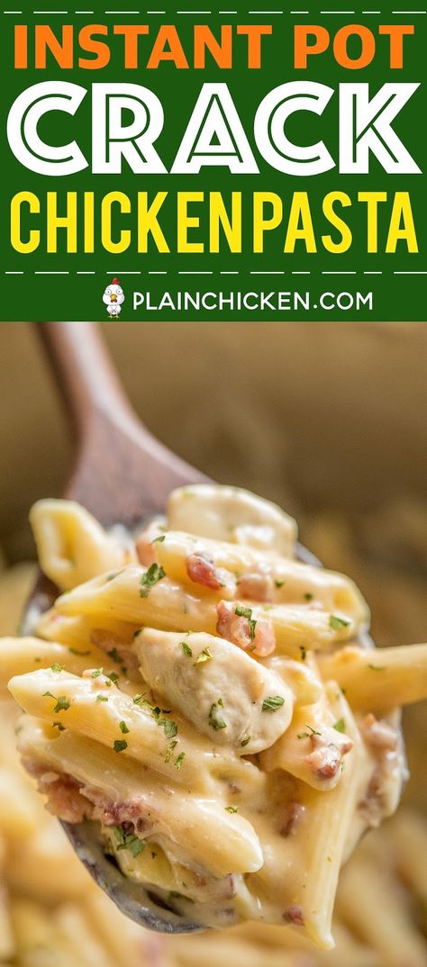 Instant Pot Crack Chicken Pasta - chicken pasta loaded with cheddar, bacon and ranch! Seriously delicious! 4 minutes of cook time. We ate this two days in a row. Chicken, ranch dressing mix, bacon, chicken broth, water, cream cheese, penne pasta and cheddar cheese. Everyone cleaned their plate! Even our picky eaters!! #chicken #InstantPot #pasta Pasta Bacon, Seared Salmon Recipes, Chicken Ranch Pasta, Queso Cheddar, Ranch Dressing Mix, Instant Pot Recipes Chicken, Chicken Pasta Recipes, Instant Pot Dinner Recipes, Instapot Recipes