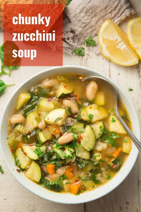 Got zucchini to use up? Make this zucchini soup! It's full of flavor, and packed with chunks of zucchini, carrots, white beans and spinach. Easy, healthy, vegan and gluten-free! #vegansoup #zucchinirecipes #healthyrecipes Creamy Zucchini Soup, Zucchini Soup Recipes, Recipes Zucchini, How To Cook Zucchini, Zucchini Soup, Healthy Zucchini, Chicken Zucchini, Spinach Soup, Vegan Soup Recipes