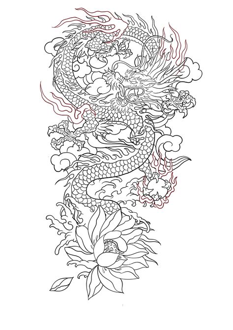 Japanese Tattoo Templates, Japanese Dragon With Flowers, Fine Line Dragon Tattoo Back, Dragon Shin Tattoo, Dragon Fine Line Tattoo, Dragon Half Sleeve Tattoo, Japanese Dragon Outline, Dragon With Flowers Tattoo, Dragon Tattoo With Flowers