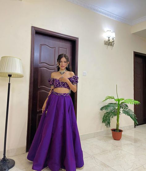 Purple Indo Western Dress, Malika Mahat, Indian Dress Up, Purple Lehenga, Pakistani Women Dresses, Simple Lehenga, Trendy Outfits Indian, Indian Outfits Lehenga, Lehenga Designs Simple