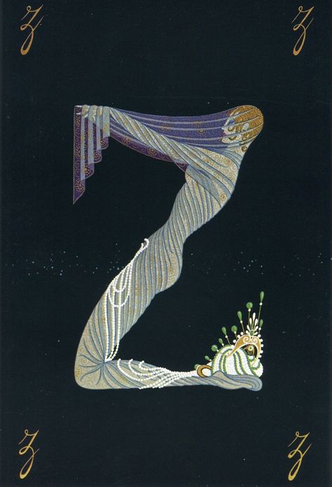 Alphabet - Y and Z This is a double sided art deco vintage print from the Alphabet Suite by Erte (Romain de Tirtoff).   In excellent condition, it is a genuine original vintage print, from the autographed limited-edition volume, collated and published by Dover in its First Edition (1978).  It is printed on quality heavy coated paper, in vibrant colours.  The print is post-free within the UK. Print size approximately 9 inches x 12 inches (23 x 31 cms) including a generous margin for framing. The Erte Art Deco Illustrations, Erte Alphabet, Erte Illustration, Vogue Illustrations, Erte Art Deco, Erte Art, Romain De Tirtoff, Art Deco Illustrations, Double S