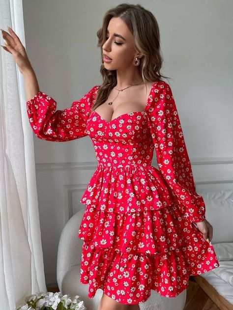 Ditsy Floral Layered Hem A-line Dress for Sale Australia| New Collection Online| SHEIN Australia Frock Designs For Women, Chiffon Dress Short, Simple Frocks, Frock For Women, Tiered Ruffle Dress, Classy Dress Outfits, Classy Casual Outfits, Red Dresses, Frock Design