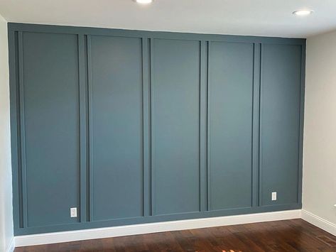 Accent wall with moldings, blue wall Slate Blue Accent Wall Bedroom, Boy Room Accent Wall Ideas, Gray Blue Accent Wall, Slate Blue Accent Wall, Dusty Blue Accent Wall, Blue Green Accent Wall, Accent Wall With Crown Molding, Dark Teal Accent Wall, Slate Tile Paint