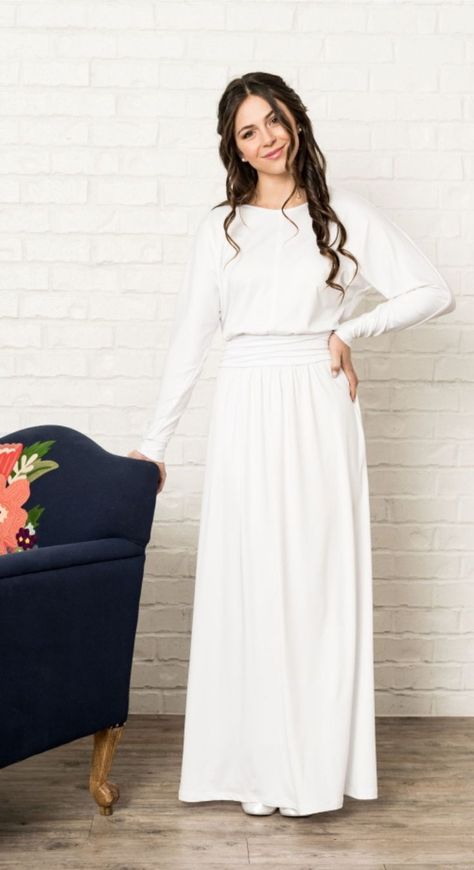 girl with hand on waist Lds Temple Wedding Dress, Lds Temple Clothing, Temple Wedding Dresses, Lds Temple Dresses, Lds Temple Dress, Temple Dresses, Three Tiered Skirt, White Tunic Dress, Temple Dress