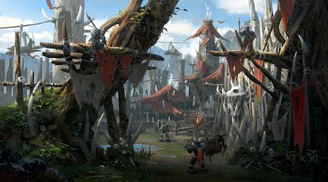 orc village, Lee b on ArtStation at https://www.artstation.com/artwork/8eVWn Orc Culture, Orc Village, Orc Camp, Dnd Inspiration, Fantasy City, Watch Tower, Fantasy Setting, Fantasy Places, Concept Artist