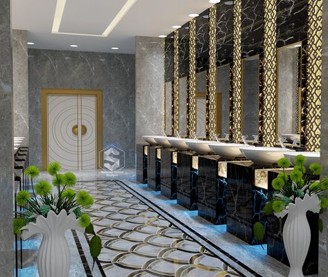 Public Bathroom (wedding hall) on Behance Wedding Venue Toilets, Luxurious Public Bathrooms, Luxury Office Bathroom, Villa Compound, Public Restroom Design, Rose Interior, Bathroom Marble, Wedding Bathroom, Public Bathroom