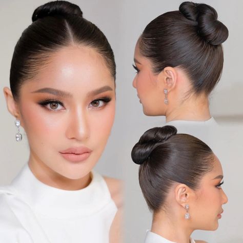 Hair Bun For Round Face, Beauty Pageant Makeup, Sanggul Cepol, Hait Style, Make Up Wisuda, Sleek Hairstyle, Hair Style Girl, Hair Stayl, Pageant Makeup