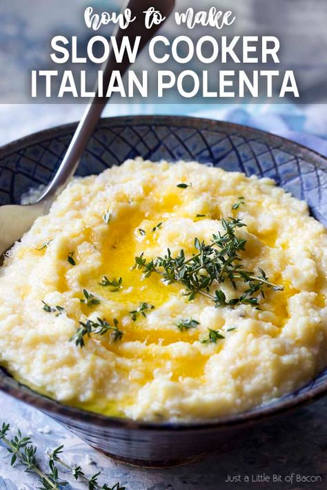 You'll love my cheesy, creamy, slow cooker polenta! Learn the easy way to make this Italian dinner recipe with no lumps, no fussing, and no stress. Have it with your favorite ragu or as the base of a vegetarian meal. | justalittlebitofbacon.com #italianrecipes #polenta #vegetarianrecipes #cornmeal #sidedishes Italian Polenta, Vegetable Salads, Small Slow Cooker, Vegetarian Slow Cooker Recipes, How To Cook Polenta, Polenta Recipes, Recipes Italian, Italian Dinner Recipes, Crockpot Dinners