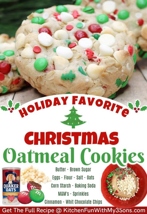 Christmas Oatmeal, Oatmeal Cookie Dough, Cocoa Krispies, Delicious Christmas Cookies, Chocolate Oatmeal Cookies, Holiday Sprinkles, White Chocolate Chip Cookies, Holiday Dessert Recipes, Kitchen Fun