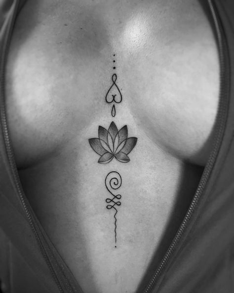 Tattoos For Women Chest Middle, Center Of Chest Tattoo Female, Minimalist Back Tattoo Women, Tattoo Ideas Chest Female, Tattoo On Chest Female, Tattoos In Between Breast, Tattoo Ideas Female Neck, Tats Between Breast, Female Chest Tattoo Ideas