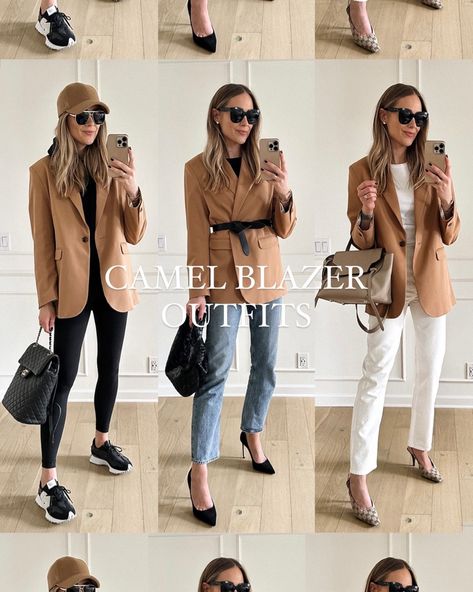 camel blazer outfit, blazer and jeans outfit, how to style a camel blazer, belted blazer outfit, blazer and white jeans outfit, blazer and leggings outfit, blazer and sneakers outfit Tan Boyfriend Blazer Outfit, Coffee Blazer Outfit, Toffee Blazer Outfit, Outfit With Brown Blazer Women, Yoga Pants Blazer Outfit, H&m Blazer Outfit, Tan Wool Blazer Outfit Women, How To Style Tan Blazer, Women Kakhi Blazer Outfit