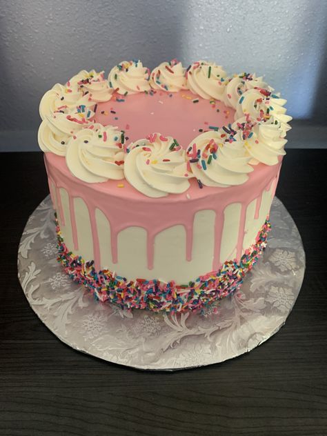 Pink Funfetti Cake Birthday, 12 Inch Cake Size, Funfetti Drip Cake, Cute Funfetti Cake, Simple Two Sweet Birthday Cake, Pink Sprinkles Cake, Pink Bday Cake Ideas, Pink Sprinkle Birthday Cake, Easy Sweet 16 Birthday Cakes Simple