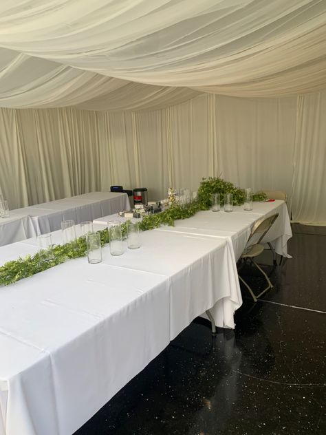 Turning Garage Into Wedding Reception, Draping A Garage For A Party, Basement Party Decorations, Party Garage Ideas, White Drapes Living Room, Garage Decorating Ideas For Party, Garage Birthday Party Ideas, Garage Party Set Up Ideas, Hibachi Party