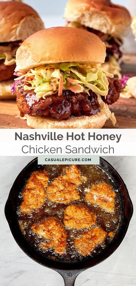 Crisp and spicy with tender meat inside, this Nashville Hot Honey Chicken Slider Sandwich recipe serves up delicious fried chicken coated with a hot honey sauce and topped with coleslaw and pickle slices on slider rolls. Nashville Chicken, Hot Honey Chicken, Sliders Recipes Chicken, Hot Chicken Sandwiches, Slider Sandwiches, Spicy Chicken Sandwiches, Nashville Hot Chicken, Pickle Slices, Nashville Hot