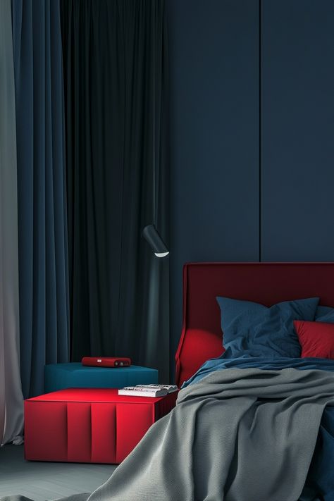 Navy blue and red make a stunning color combination for bedrooms, offering a touch of sophistication and a timeless appeal.  Explore these 20 navy blue and red bedroom ideas for inspiration.  Whether you're looking for a bold and dramatic look or a more understated and elegant style, there's something for everyone. Get ready to transform your bedroom into a haven of style and comfort with these inspiring ideas. Red And Blue Bedroom Ideas, Blue Red Bedroom, Red White Blue Bedroom, Red And Blue Bedroom, Red Blue Bedroom, Blue And Red Bedroom, Red White And Blue Bedroom, Red Bookshelf, Red Bedroom Ideas