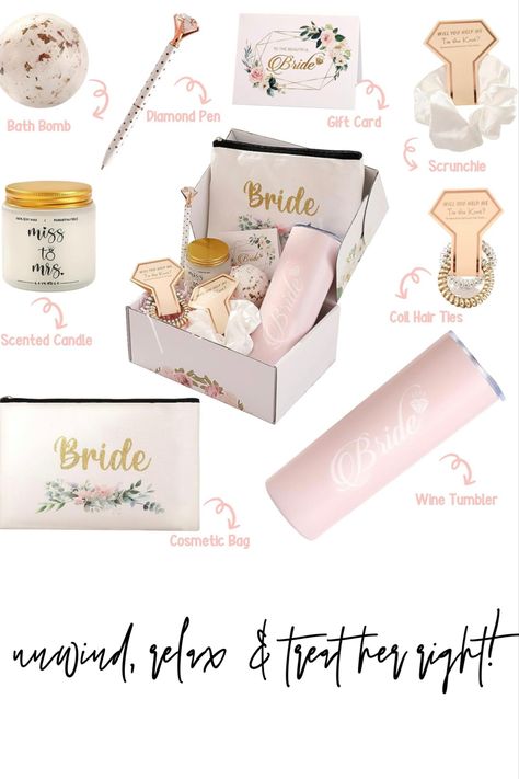 Bridal Shower Box Ideas, Bachelorette Gift Box Ideas, Bride Boxes Gift Ideas, Bride To Be Present Ideas, Wedding Essentials For Bride, Bride Gift From Bridesmaid, Bride To Be Box Ideas, Pre Wedding Gift For Bride, Brides To Be Party Ideas