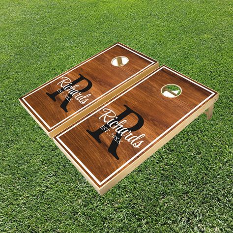 Wedding Cornhole Boards, Wedding Cornhole, Cornhole Boards Designs, Bags Game, Backyard Games, Cornhole Set, Cornhole Boards, Family Name, Brown Wood