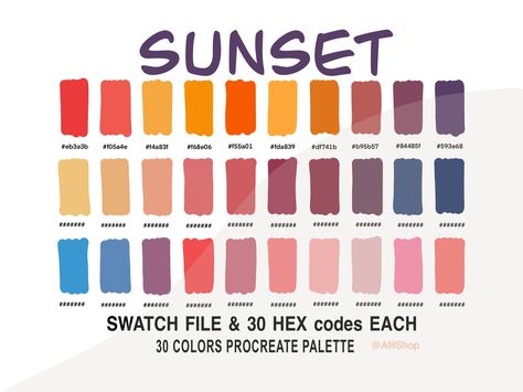 Sunset Color Palette, Vintage Colour Palette, Sunrise Colors, Ipad Procreate, Hex Color Palette, Sunset Color, Winter Color Palette, Spring Color Palette, Hex Codes