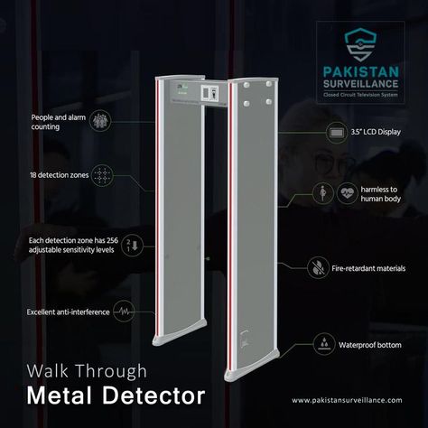 18 Zones Walk Through Metal Detector Gate & Waterproof Body Scanner. Walk through metal detectors gate installation, maintenance and repair services in Karachi. More Information about surveillance security systems & onsite product demonstration call or explore our website. Pakistan Surveillance, Walk Through Metal Detector, Product Demonstration, Body Scanner, Metal Detectors, Metal Furniture Design, Metal Detecting, Security Systems, Metal Detector