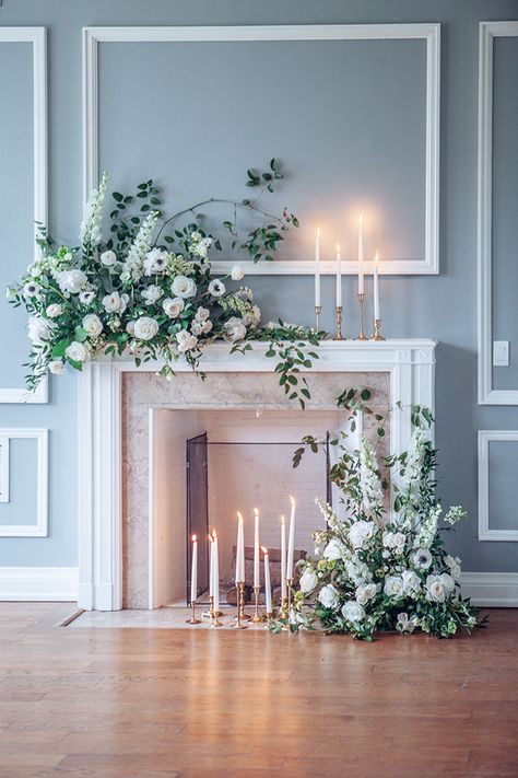 Floral Fireplace Wedding, Wedding Chimney Decoration, Fireplace Mantel Wedding Flowers, Fireplace Flower Decor, Mantle Decor Wedding Fireplace, Fireplace Mantle Florals Wedding, Mantle Floral Arrangements Wedding, Fireplace Wedding Ceremony Mantels, Wedding Ceremony Fireplace Backdrop