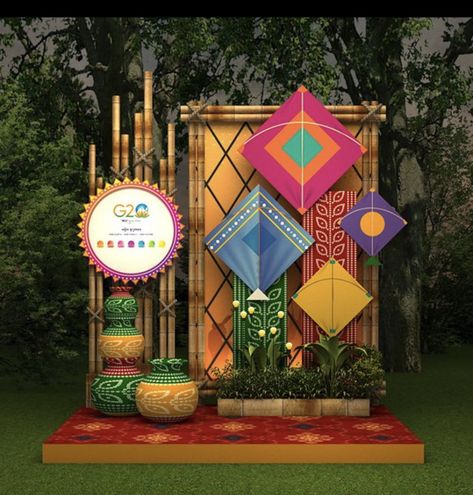 Sankranti Decoration Idea, School Stage Design, School Stage Decoration Ideas, Lohri Party Decor, Makar Sankranti Decoration, Makar Sankranti Decoration Ideas, Festival Decoration Ideas, Sankranti Decoration, Booth Design Ideas