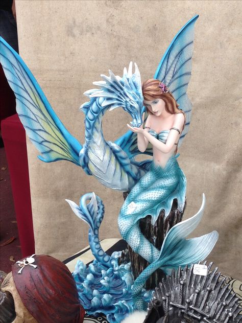 Mermaid And Dragon, Wizards And Dragons, Statue Painting, Fantasy Statue, Mermaid Figures, Dolphin Decor, Dragon Shop, Mermaid Cove, Mermaid Figurine