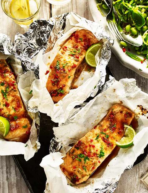 Soy and ginger salmon parcels with sesame sugar snap salad  - Sainsbury's Magazine Salmon Parcels Recipe, Salmon Parcels, Fish Parcels, Sainsburys Recipes, Ginger Salmon, Pan Fry, Cooking Advice, Food Trends, Celebrity Chefs