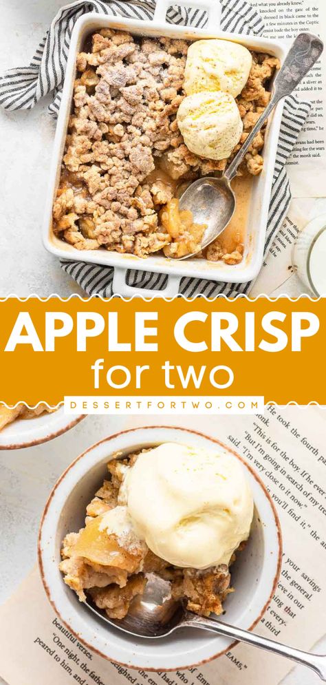 Here's an easy fall recipe you'll want to enjoy all season long! From the sweet filling to the oat topping, this small batch apple crisp for two is everything you want and more. Enjoy this apple dessert recipe with some ice cream! Apple Crisp For Two, Apple Crisp With Oats, Apple Cobbler Easy, Apple Crisp No Oats, Apple Desserts Easy, Apple Crumble Recipe, Small Batch Baking, Apple Crisp Easy, Fall Desserts Easy