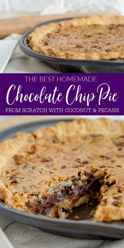 Homemade Chocolate Chip Pie! The best Chocolate Chip Pie Recipe from Scratch! One of our favorite dessert recipes for Summer, Thanksgiving, or Christmas. This Pie Recipe is made with a Cream Cheese Pie Crust and is SO good and flaky! Better than pecan pie but loaded with pecans and coconut! #lemonpeony #pie #chocolate #chip #holiday #pie #recipe Chocolate Chip Pie Recipe, Derby Pie Recipe, Chocolate Chip Pie, Derby Pie, Homemade Chocolate Chips, Coconut Pie, Thanksgiving Food Desserts, Flaky Pie Crust, Easy Pie