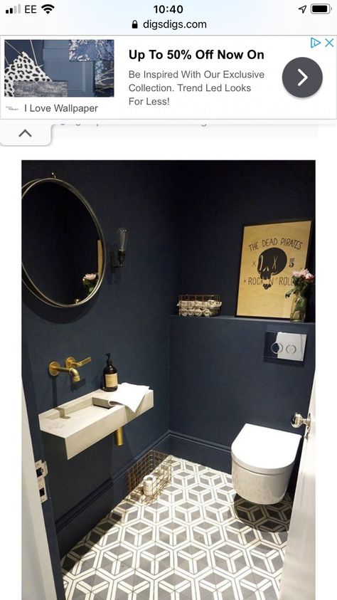 Dark Blue Toilet Room, Understairs Toilet, Small Half Bathrooms, Small Downstairs Toilet, Cloakroom Toilet, Toilette Design, Downstairs Cloakroom, Half Bathrooms, Downstairs Loo