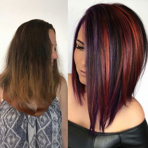 Purple Highlights On Dark Hair, Red And Purple Highlights, Highlights On Dark Hair, Copper Highlights, Tousled Hair, Purple Highlights, Natural Wavy Hair, Red And Purple, Hair Color Balayage