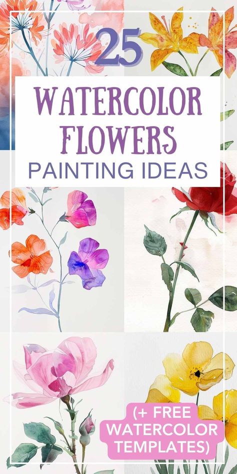 Blooming creativity! Learn to paint beautiful watercolor flowers with easy tips and FREE printable templates. Perfect for beginners & seasoned artists alike. #watercolor #flowerpainting #tutorial #templates #DIYart #floralart #watercolortutorial #beginnerart #artinspiration Flower Art Painting Easy, Printable Drawings To Paint, Loose Watercolor Flowers Tutorial, Loose Floral Watercolor Painting, Watercolor Templates Printables, Easy Flower Watercolor, Rose Painting Easy, Daisy Watercolor Painting, Wild Flowers Illustration