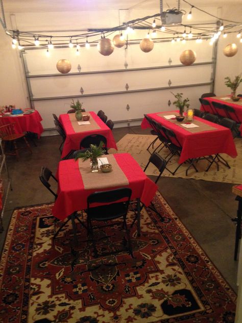 Garage Holiday Party Winter Garage Party Ideas, Garage Makeover For Party, Garage Seating For Thanksgiving, Christmas Garage Party, Christmas Party In Garage, Holiday Party, Holiday Parties, Garage, Holiday Decor