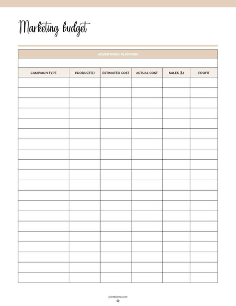 A Small Business Marketing Budget Tracker printable with columns to track campaign type, products, estimated and actual costs, sales, and profit, designed to manage advertising expenses. Small Business Planner Free Printables, Small Business Expenses, Craft Fair Booth Display, Budget Template Free, Fair Booth, Instagram Collage, Small Business Planner, Business Expense, Marketing Budget