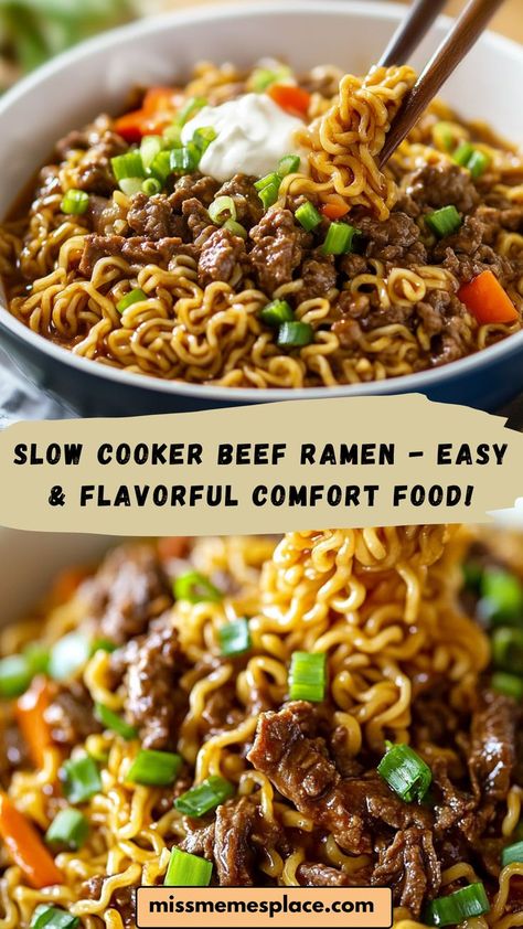 Enjoy a cozy, comforting bowl of Slow Cooker Beef Ramen! This easy, flavorful recipe features tender beef, rich broth, and perfectly cooked ramen noodles, all infused with soy, garlic, and ginger for that authentic taste. Just set it and let your slow cooker do the work! Perfect for chilly nights, family dinners, or easy meal prep. This hearty beef ramen is an effortless, delicious way to satisfy your cravings! Crockpot Beef Ramen, Beef Ramen Crockpot Recipes, Ramen Bowls Recipe, Slow Cooker Ramen Recipes, Crockpot Ramen Recipes, Ramen Slow Cooker, Beef Ramen Recipes, Slow Cooker Beef Ramen, Beef Ramen Recipe