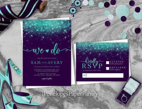 Teal And Violet Wedding, Teal And Purple Wedding Invitations, Teal And Purple Wedding Ideas, Navy And Silver Wedding Invitations, Teal And Purple Wedding, Teal Fall Wedding, Purple And Teal Wedding, Purple Teal Wedding, Wedding Invitation Purple