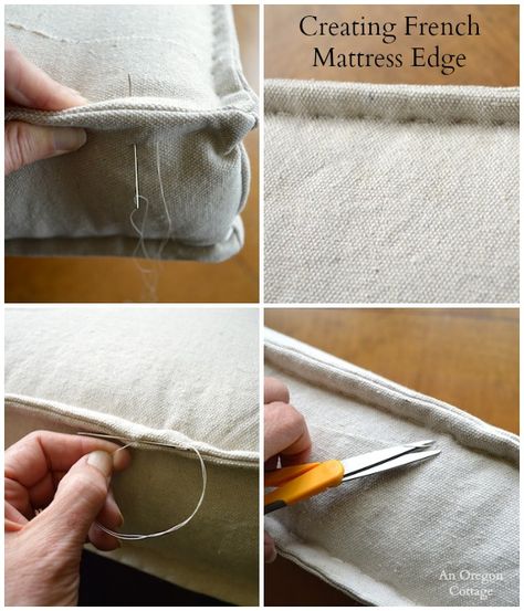 DIY Tufted French Mattress Cushion {Ballard Catalog Knockoff} - complete tutorial to make your own French-edge cushion! #DIYdecor #sewing #cushion #farmhousestyle #anoregoncottage French Mattress Cushion, French Mattress, Projek Menjahit, Upholstery Diy, Astuces Diy, Sew Ins, Costura Diy, Sewing Pillows, Sewing Skills