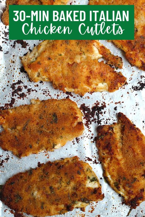 These Baked Italian Chicken Cutlets are fantastic! They have the comforting taste and crunch of fried cutlets, but are easier to make and better for you! The outside is salty and crunchy, while the chicken inside is moist and juicy. The breading is only a 2-step process and then they go in the oven to bake for a no-fuss dinner! #chicken #chickenrecipes #baked chicken #italianchicken Baked Cutlets Chicken, Chicken Cutlets Recipes Baked, Breaded Chicken Cutlets Baked, Italian Breaded Chicken Cutlets, Baked Chicken Cutlets Oven Healthy, Chicken Cutlet Recipes Oven, Oven Baked Chicken Milanese, Breaded Chicken Cutlets In Oven, Oven Chicken Cutlets