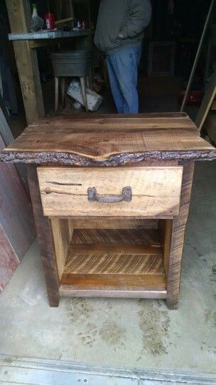 Live edge walnut bedside table. Turns out beautiful! Rustic Nightstand Bedside Tables, Live Edge Bedside Table, Live Edge Nightstand, Wooden Bedside Table Ideas, Reclaimed Wood Bedside Table, Floating Nightstand Ideas, Modern Floating Nightstand, Nightstand Ideas, Rustic Bedside Table