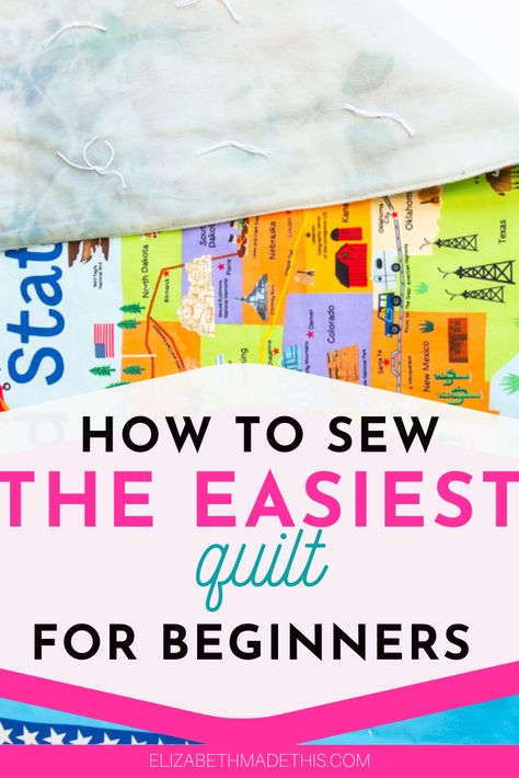 Sewing your first quilt can be intimidating, but it doesn't have to be. Learn how to sew a quilt using cheater prints or quilt panels. Combine these shortcut fabrics with a simple sewing method, no binding, and tying the quilt, and you've got a quilt you can make in about an hour. This is an awesome first quilt for beginners! #learntosew #sewingforbeginners First Quilt Pattern Simple, Cheater Quilt Tutorial, First Quilt Project, Quilt For Beginners, Easy Quilt Tutorials, Frozen Quilt, Sew A Quilt, Pre Quilted Fabric, Quilt Panels