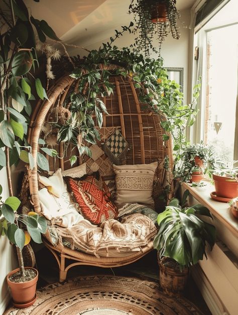 Boho Reading Nook: Indoor Plants and Rattan Furniture Hanging Chair Ideas, Plant Room Boho, Outside Hanging Decor, Corner Window Nook Ideas, Corner Plant Area In Living Room, Reading Nook With Hanging Chair, Cute Room Ideas Plants, Floor Seating Cozy, Indoor Plants Room Decor