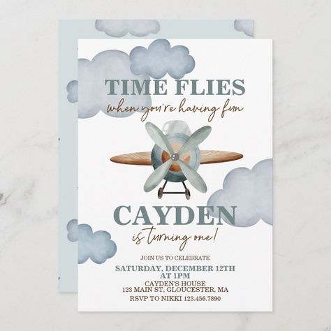 Time Flies Airplane First Birthday Invitation Zazzle Airplane First Birthday, 1st Birthday Boy Themes, Time Flies Birthday, Planes Birthday, Boys First Birthday Party Ideas, Boys 1st Birthday Party Ideas, Airplane Birthday Party, Baby Boy First Birthday, 1st Birthday Themes