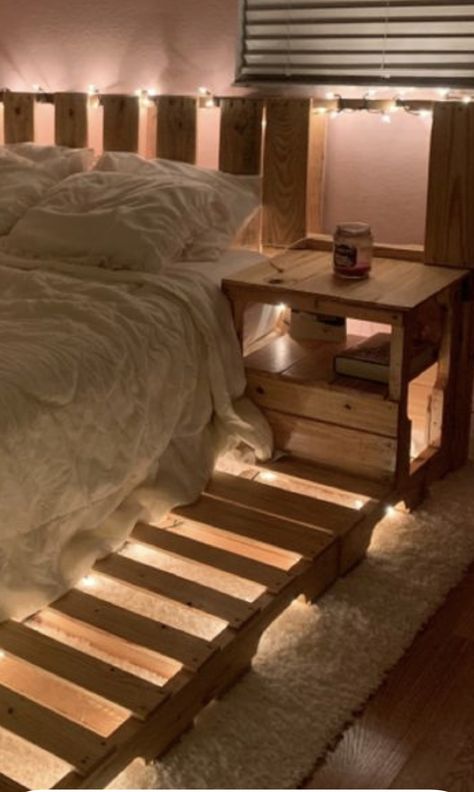 Bed Wooden Pallets, Pallet Bed With Side Tables, Wooden Pallet Bed Design, Pallet Bed With Drawers, Crate Double Bed, Cozy Pallet Bed, Pallet Bed With Nightstand, Tall Pallet Bed, Pallet Bed Queen Size