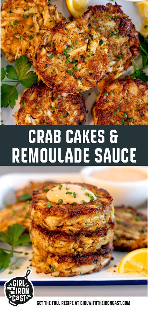 Enjoy restaurant-quality crab cakes made effortlessly with this simple recipe. Season fresh lump crab meat with Old Bay, mayonnaise, hot sauce, Dijon mustard, parsley, and lemon juice. Shape into cakes and fry or broil until golden brown. Serve with a homemade zesty remoulade sauce for a delicious, elegant touch. Crab Cake Remoulade Sauce, Crab Cake Remoulade, Broiled Crab Cakes, Crab Sauce Recipe, Lump Crab Meat Recipes, Easy Crab Cakes, Cast Iron Recipes Dinner, Old Bay Crab Cakes, Fried Crab Cakes