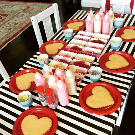 Kid Cookie Decorating Party, Fun Gift Exchange Games, Heart Shaped Waffle, Waffle Board, Cookie Decorating Station, Valentines Tea Party, Cupcake Decorating Party, Valentines Brunch, Valentine Cookies Decorated