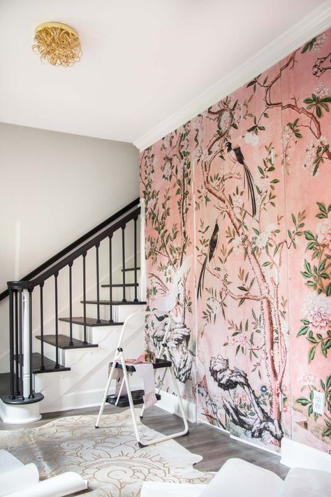 Chinoiserie Landscape Pink Mural Entryway Installation - Thou Swell Pink Mural, Pink Wall Mural, Pink Mural Wallpaper, Hand Painted Chinoiserie Mural, Pink Crane Wallpaper, Pink Chinoiserie Wallpaper, Pink Fliwered Wall Paoer W White Wainscoting, Pink Chinoiserie, Buckhead Atlanta