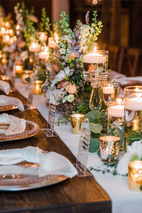 Candle Decor For Wedding Receptions, Votive Candle Wedding Decor, Gold And Glass Wedding Decor, Farm Table Wedding Decor Candles, Assorted Candle Centerpieces, Wedding Reception Mixed Tables, Brass Wedding Table Decor, Candle Centerpiece Wedding Round Table, Vase And Candle Centerpieces