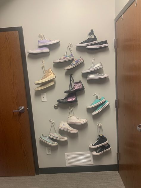 Dorm doesnt have enough space for your shoe obsession? Use them as decor by hiding them in plain sight. Freshman Dorm, Wall Holder, Wall Rack, Wall Racks, Shoe Obsession, Shoe Rack, Converse, Wall