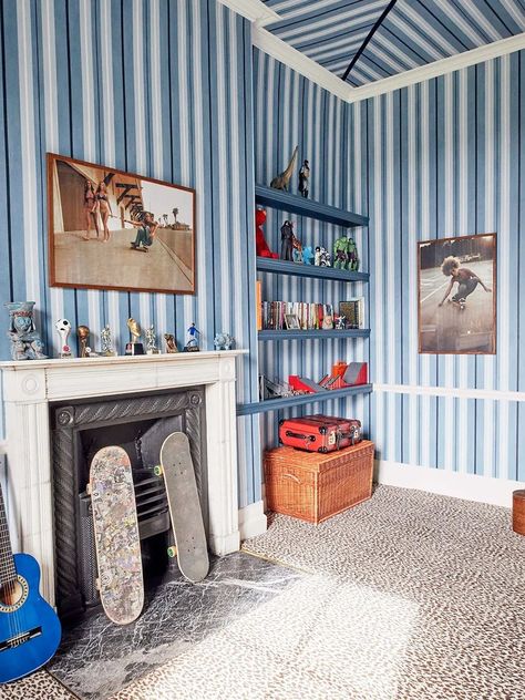 Children's room with blue striped walls. Blue Striped Walls, Mismatched Nightstands, Striped Bedroom, Homemade Curtains, Boys Bedroom Makeover, House Of Hackney, British Interior, Teen Bedroom Designs, Striped Room