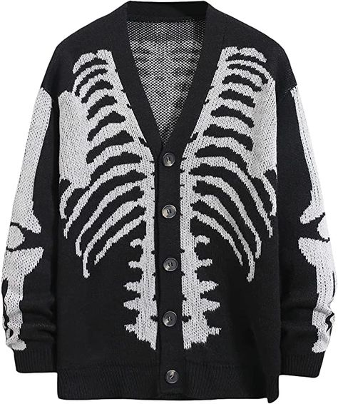 GORGLITTER Men's Skeleton Long Sleeve Button Down Cardigan Lightweight Open Front V Neck Sweater Black and White Medium at Amazon Men’s Clothing store Swimsuit Pants, Halloween Cardigan, Plus Size Pullover, Cardigan Sweaters, Plus Size Cardigans, Patterned Cardigans, Knitted Tops, Style Noir, Knitted Coat